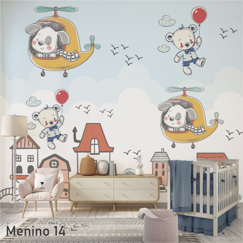Adesivo decorativo para quarto de menino Urso no Helicoptero