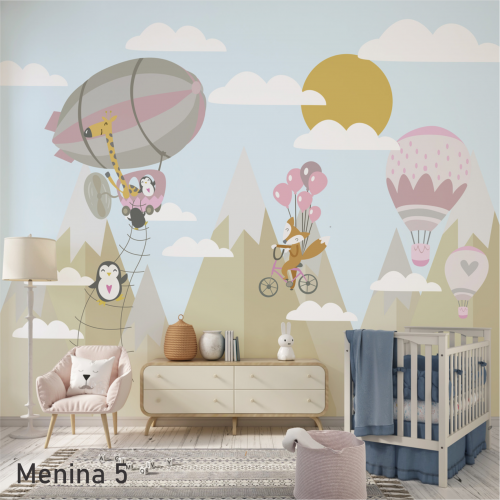 Adesivo decorativo para quarto infantil Menina Safari Voador nas montanhas