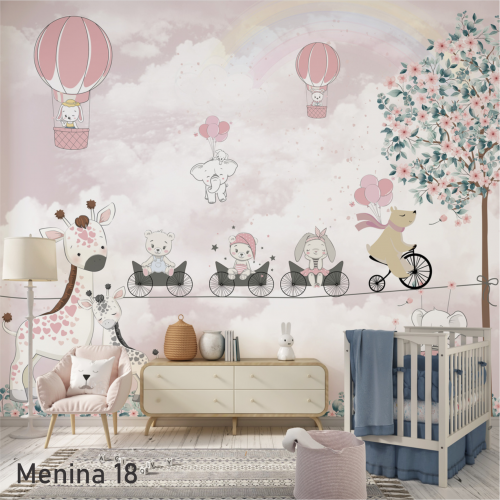 Adesivo decorativo para quarto infantil Menina Ursa e Safari na corda bamba com balões