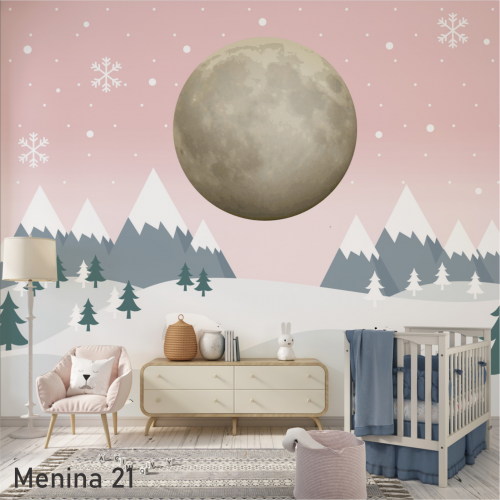 Adesivo decorativo para quarto infantil Menina Lua cheia com montanhas e neve