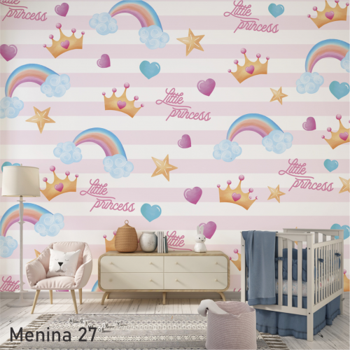 Adesivo decorativo para quarto infantil Menina Listrado Arco Íris e Coroa