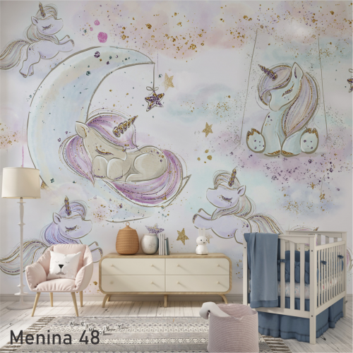 Adesivo decorativo para quarto infantil Menina Unicórnio dormindo no céu tranquilo