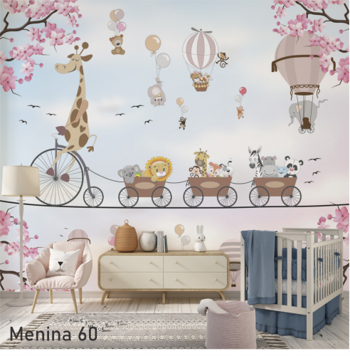 Adesivo decorativo para quarto infantil Menina Safari Rosa na corda bamba