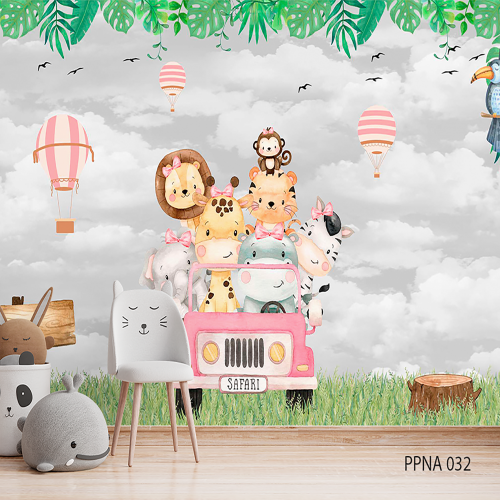 Adesivo decorativo para quarto infantil Menina Safari no jeep rosa