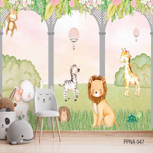 Adesivo decorativo para quarto infantil Menina Safari no Jardim em Aquarela