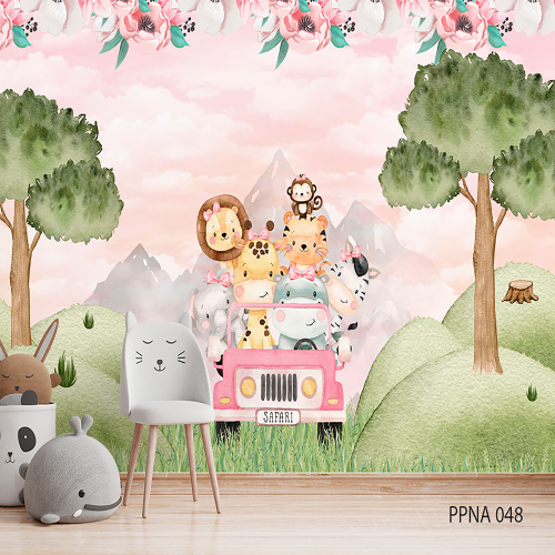 Adesivo decorativo para quarto infantil Menina Safari no jeep rosa em Aquarela
